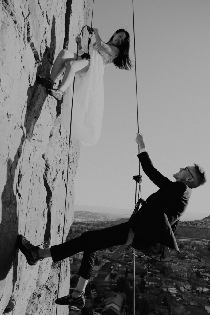 St. George Rappelling bridal session, red rock bridal session, St George bridal session, adventure bridals, red rock wedding photos, unique wedding photos Southern Utah 